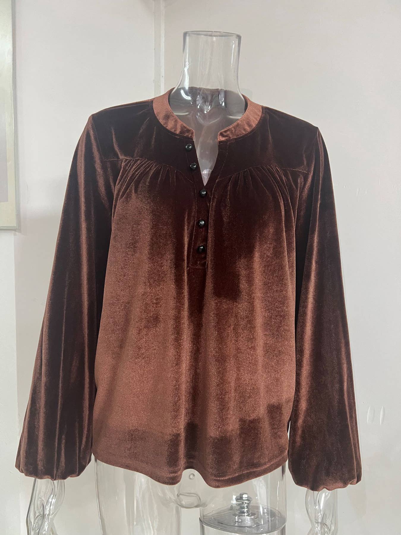 Velvet V-Neck Button Down Blouse