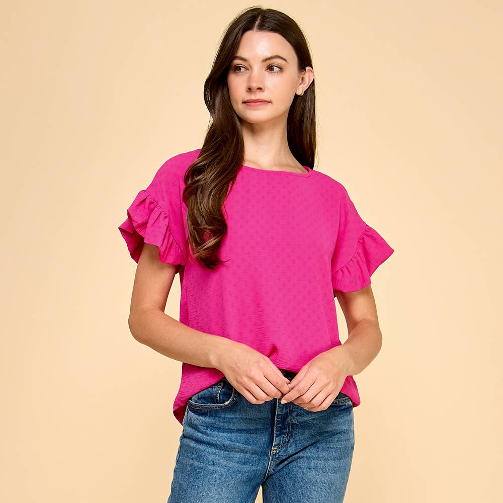 Solid Texturized Drop Shoulder Top with Ruffled Sleeves