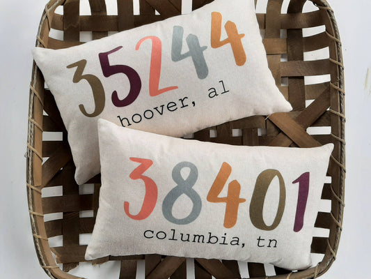 AbbyKate HOME - Colorful Zip Code and City/State Pillow