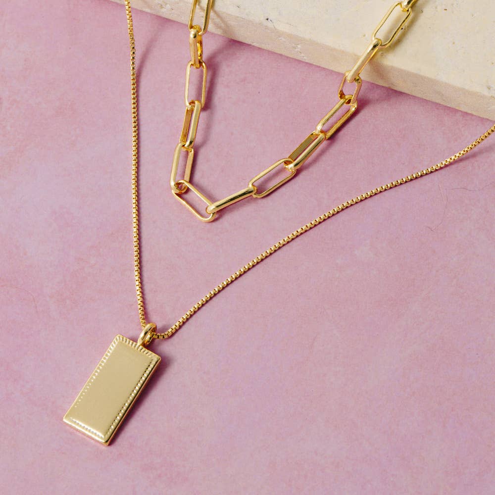 14K Gold Dipped Bar Pendant Double Layer Necklace
