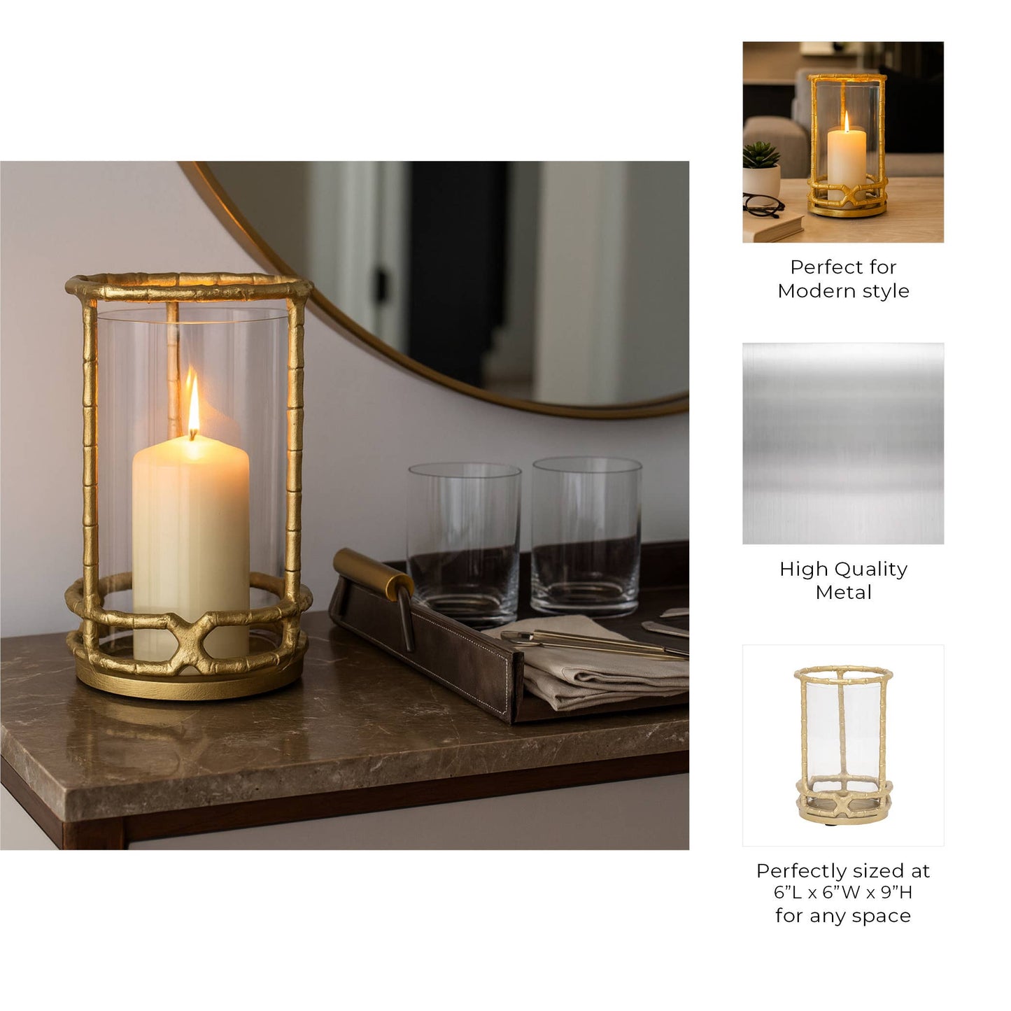 Sagebrook Home - Hurricane Candle Holder - Gold Metal Cylinder