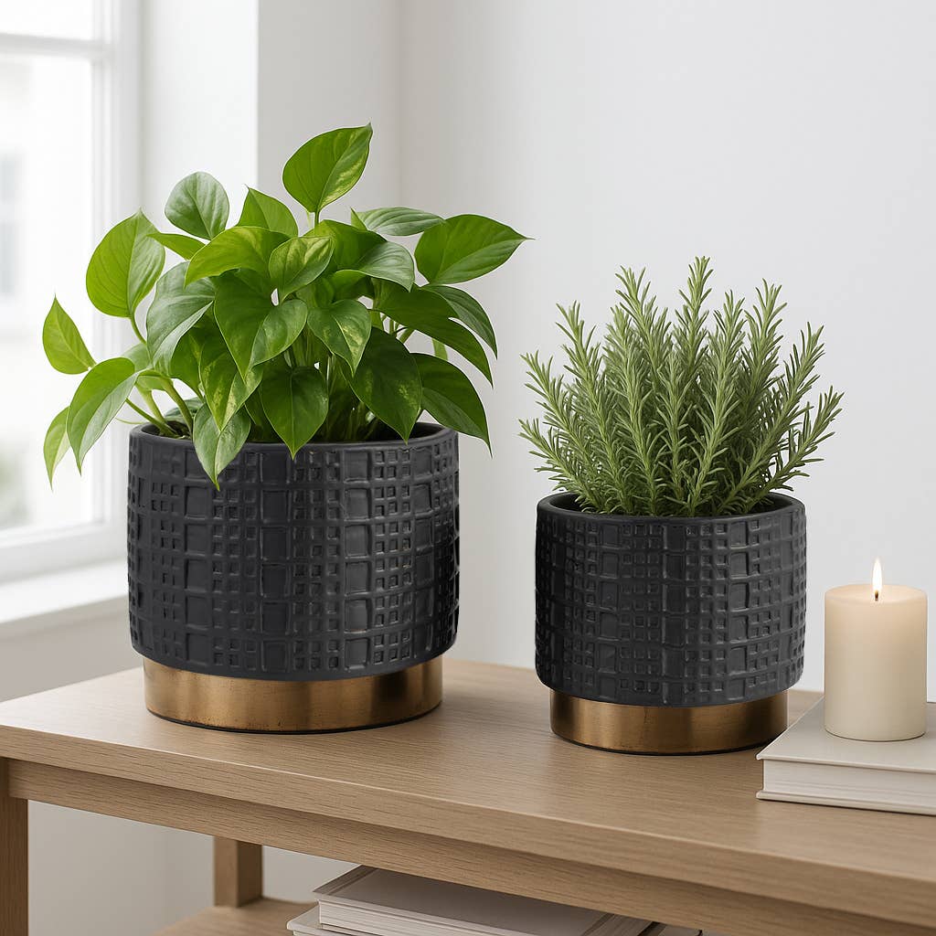 Sagebrook Home - Planter Set of 2 - Black Ceramic Raised Mesh, 6/8 in.