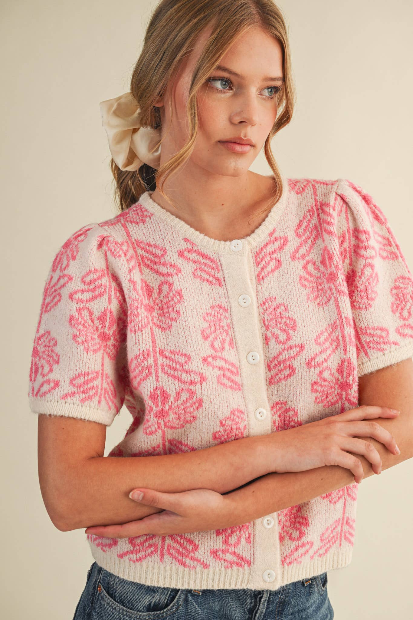 FLORAL KNIT SHORT PUFF SLEEVE SWEATER CARDIGAN MSW11215