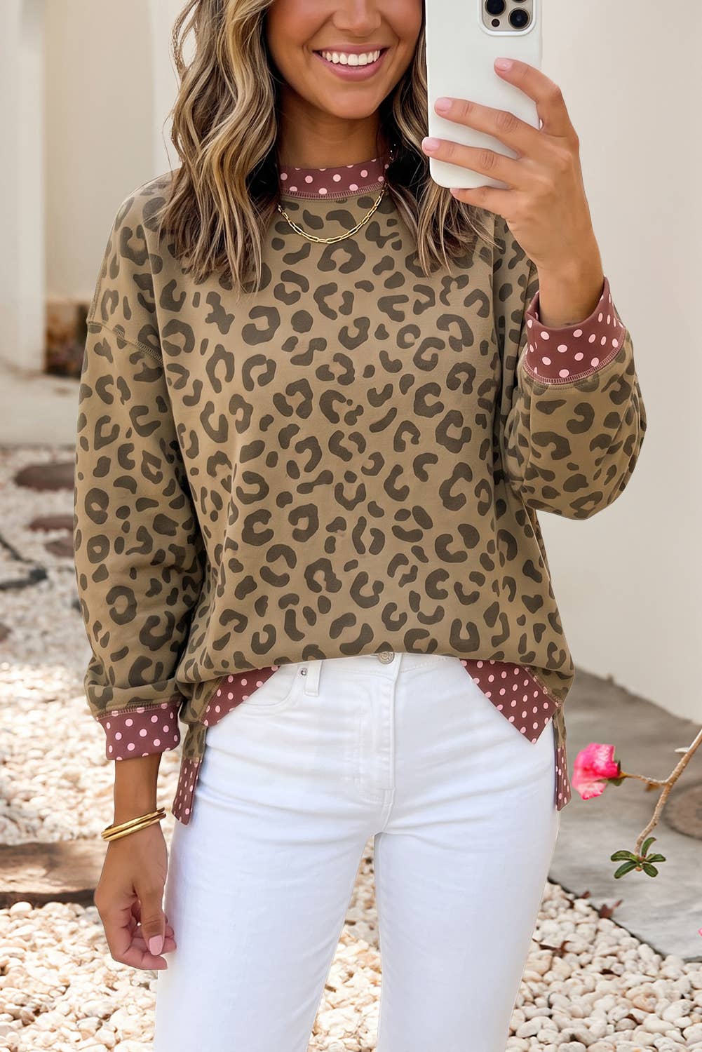 Polka Dot Colorblock Leopard Long Sleeve Tunic Blouse