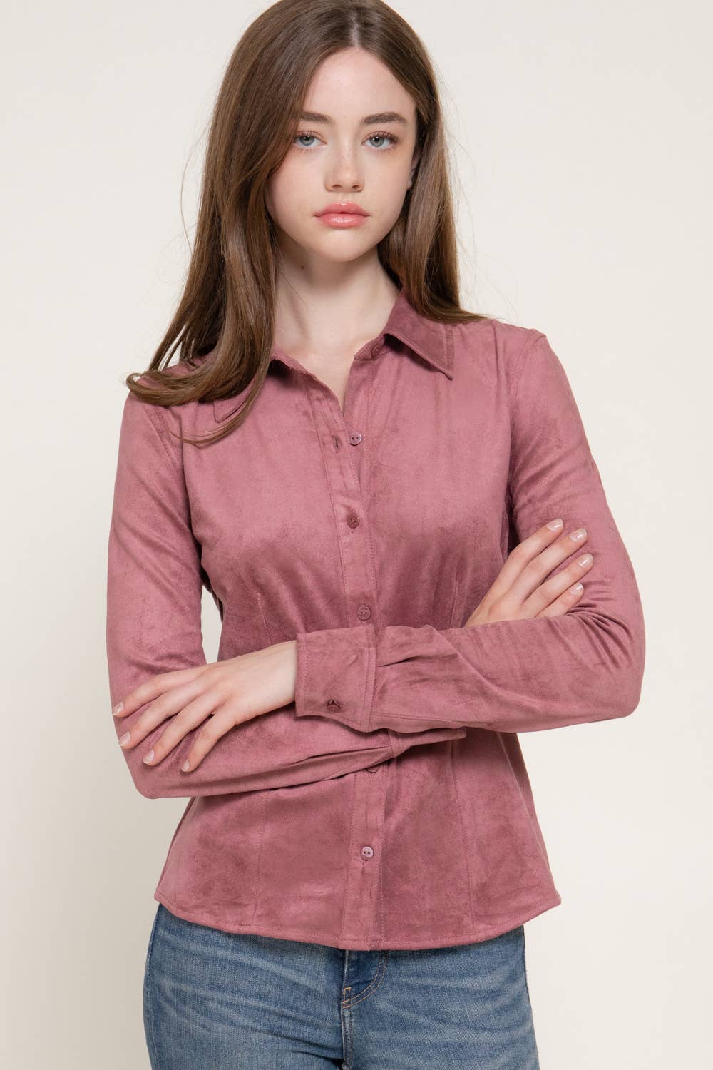 Active Basic | Active USA - Long Sleeve Button Down Stretch Faux Suede Shirt