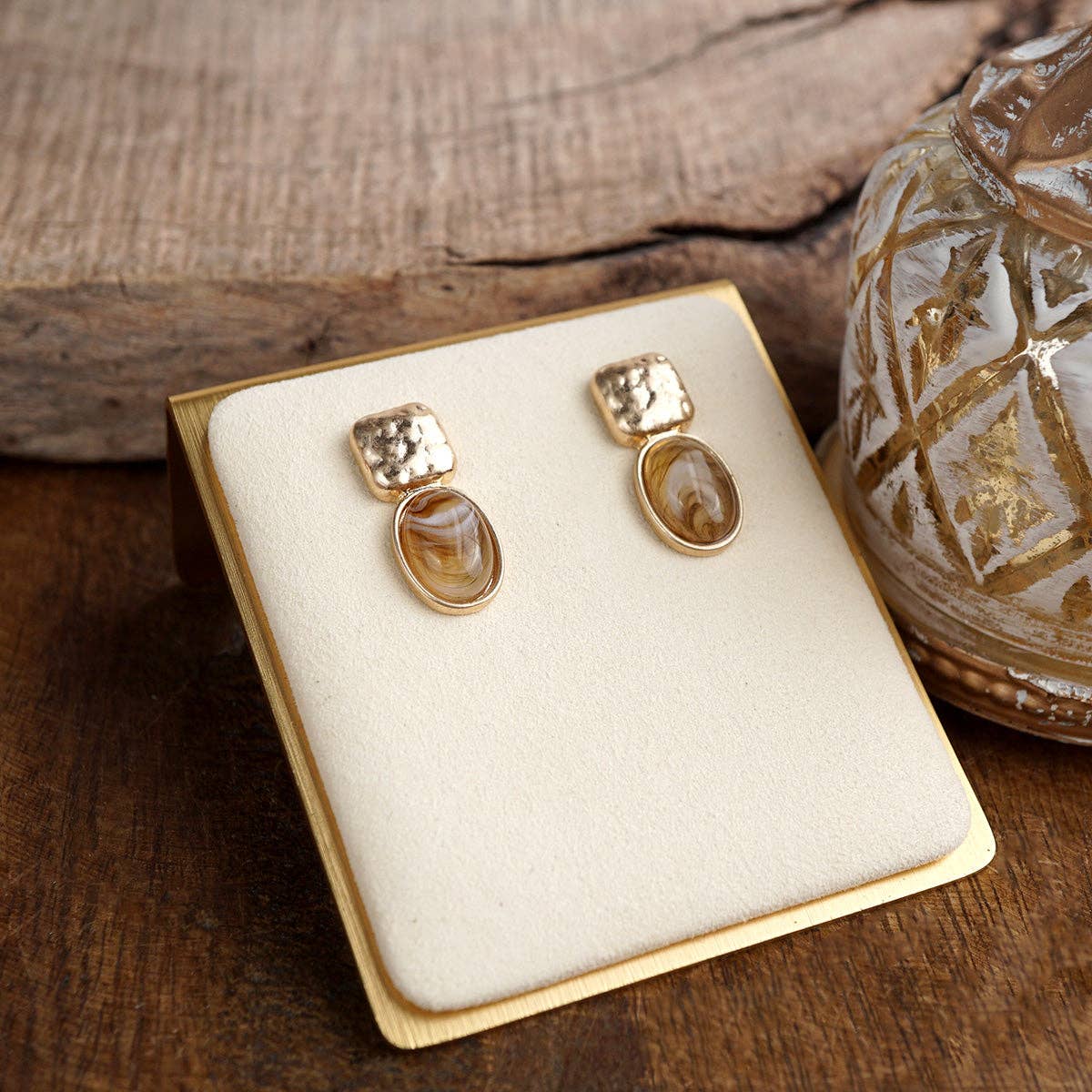 PennyLine inc - Quiet Gleam – Hammered Cabochon Stud Drop Earrings