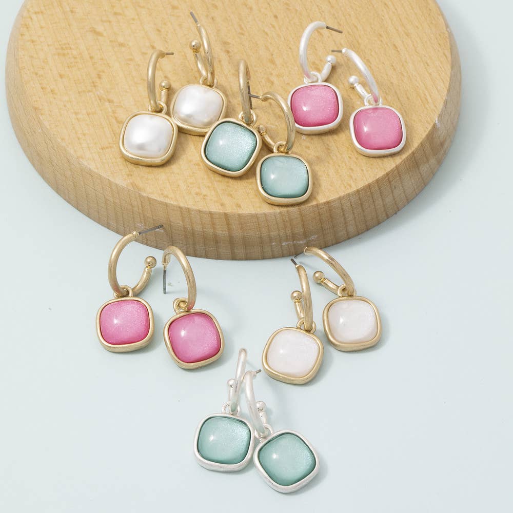 Cushion Resin Stone Drop Hoop Earrings