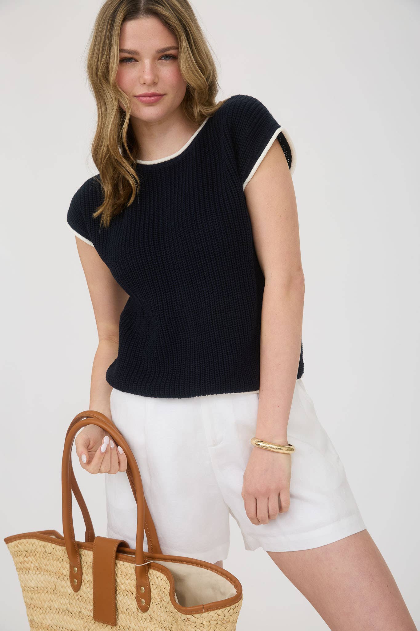 Contrast Trim SS Knit Sweater