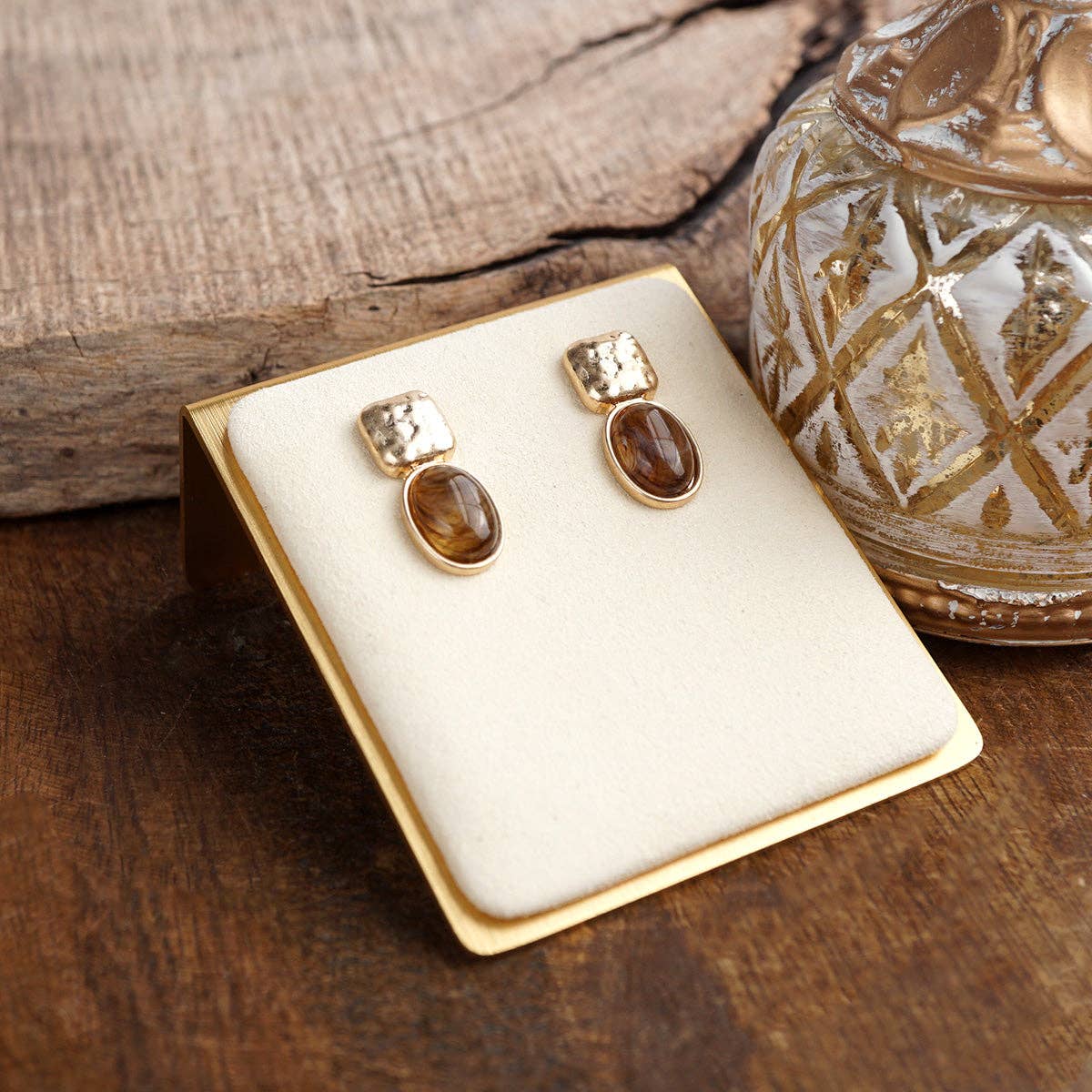PennyLine inc - Quiet Gleam – Hammered Cabochon Stud Drop Earrings