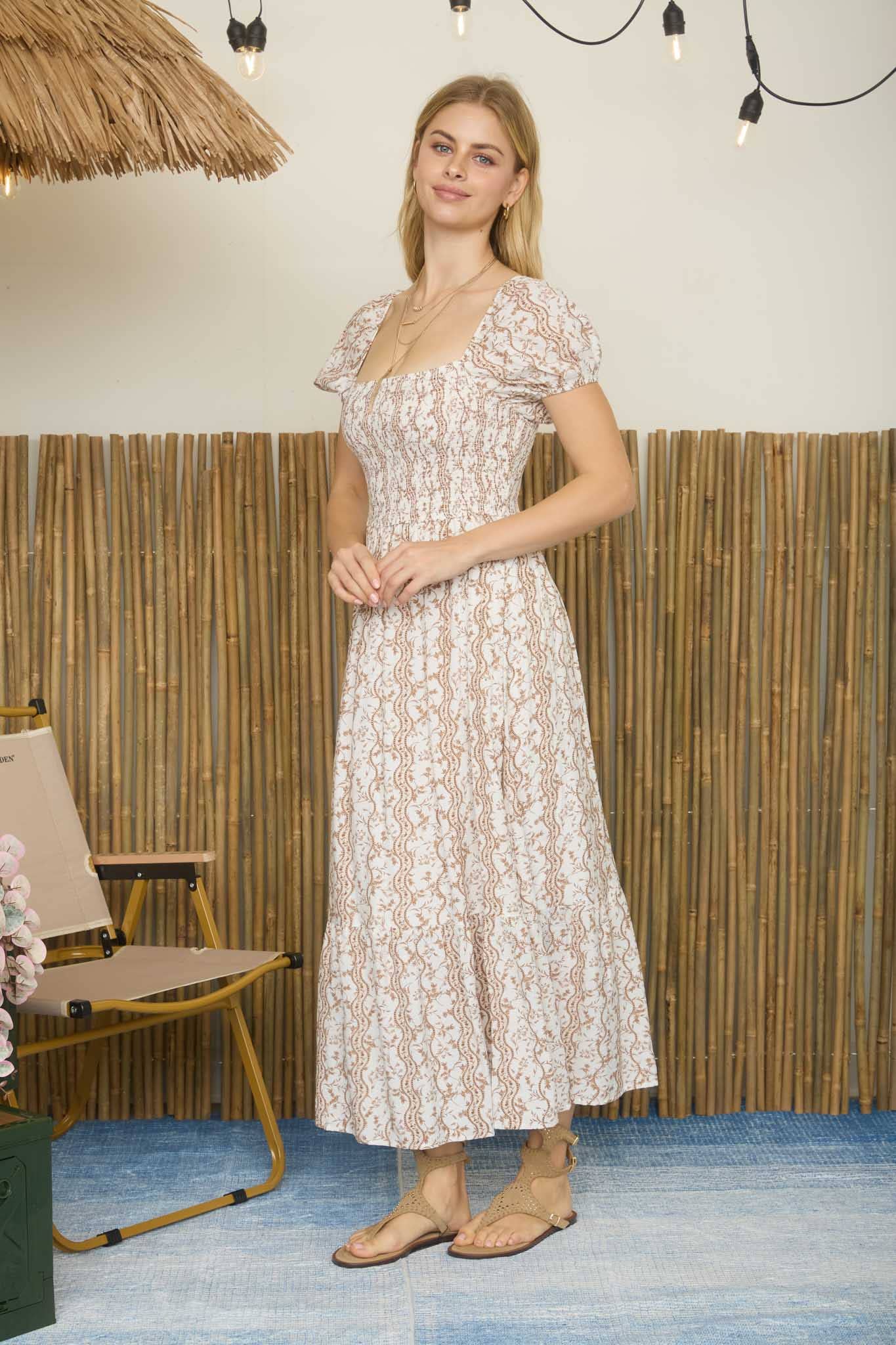 Wavy Floral Smocked Puff Sleeve Midi Dress