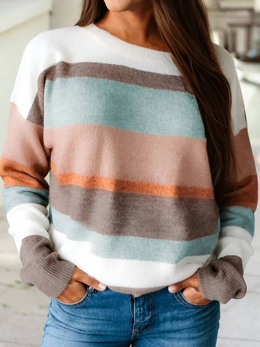 1 the Woman - Striped Color Block Knit Drop Shoulder Sweater