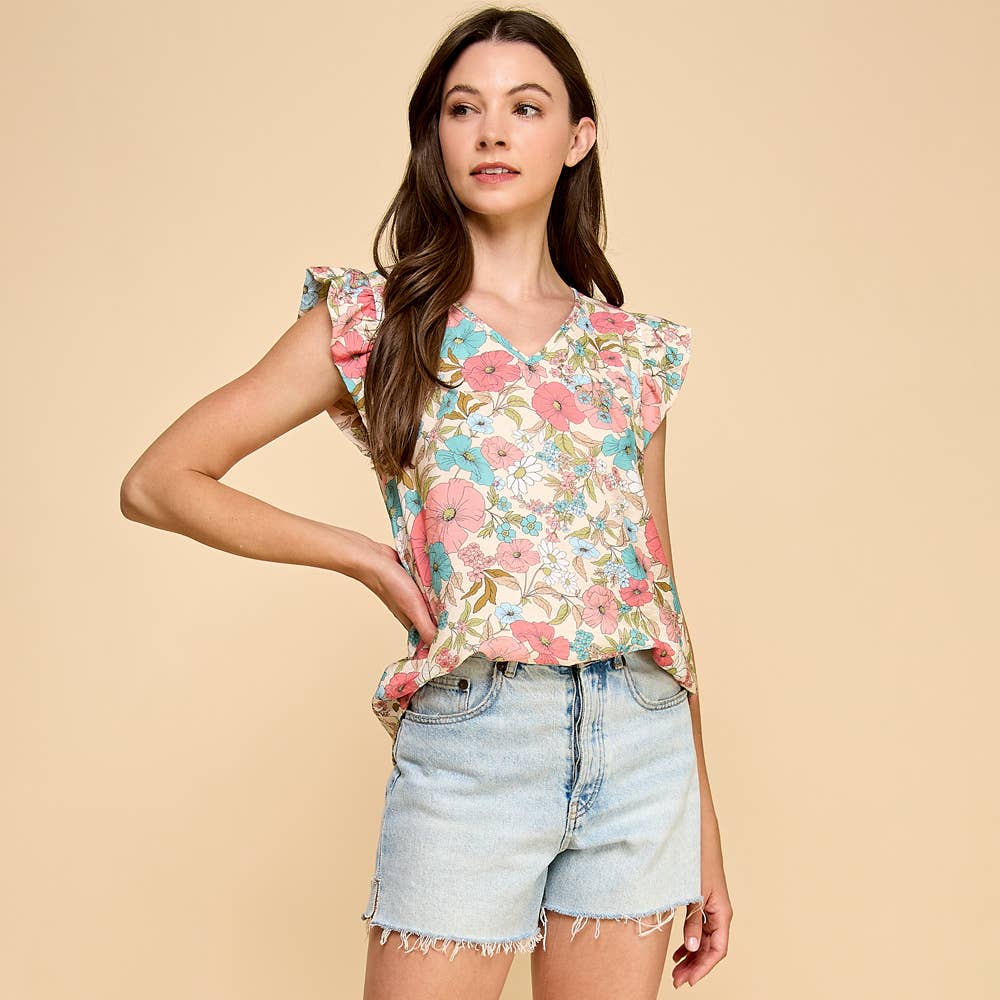Floral Printed Top V Neck with Ruffled Sleeves