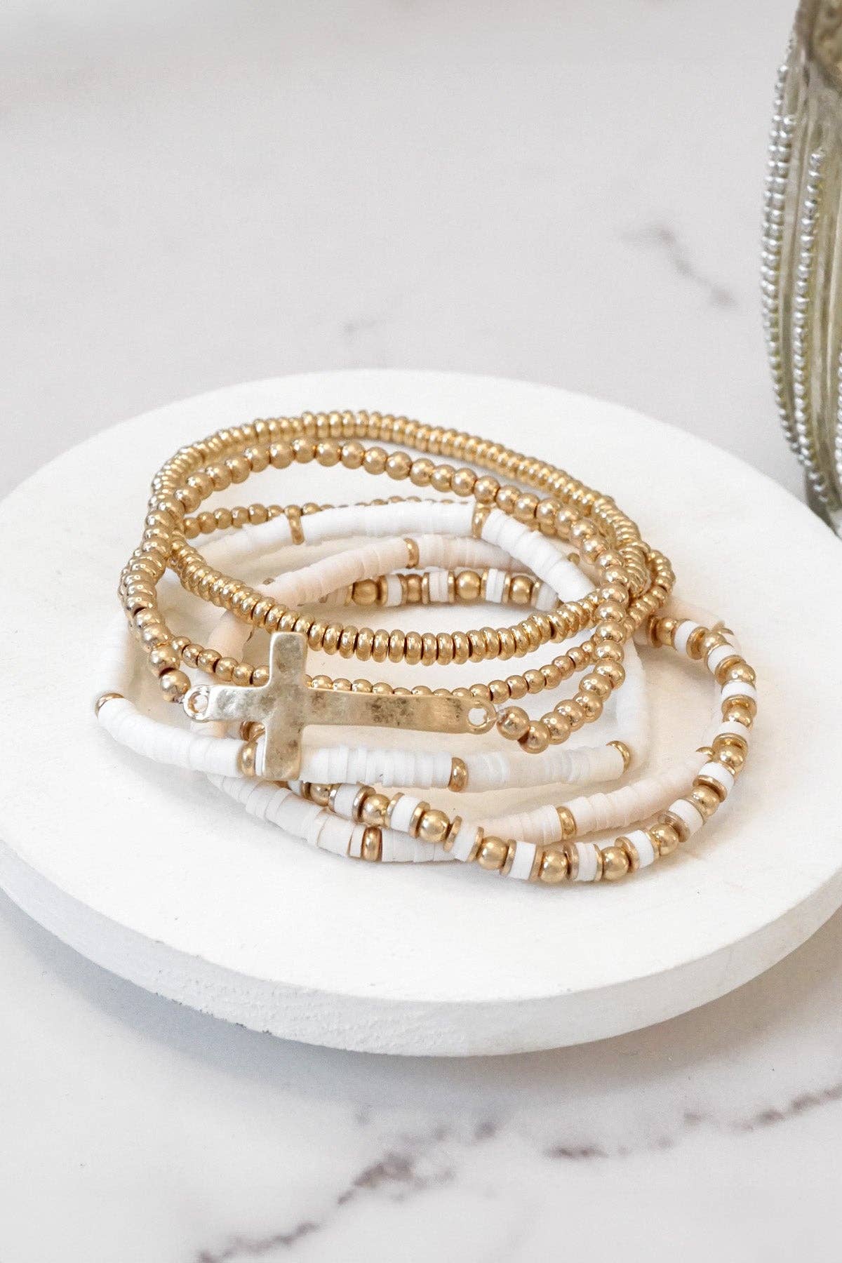 PennyLine inc - Minimal Sideways Cross Bracelet stack Clay and gold metal beads