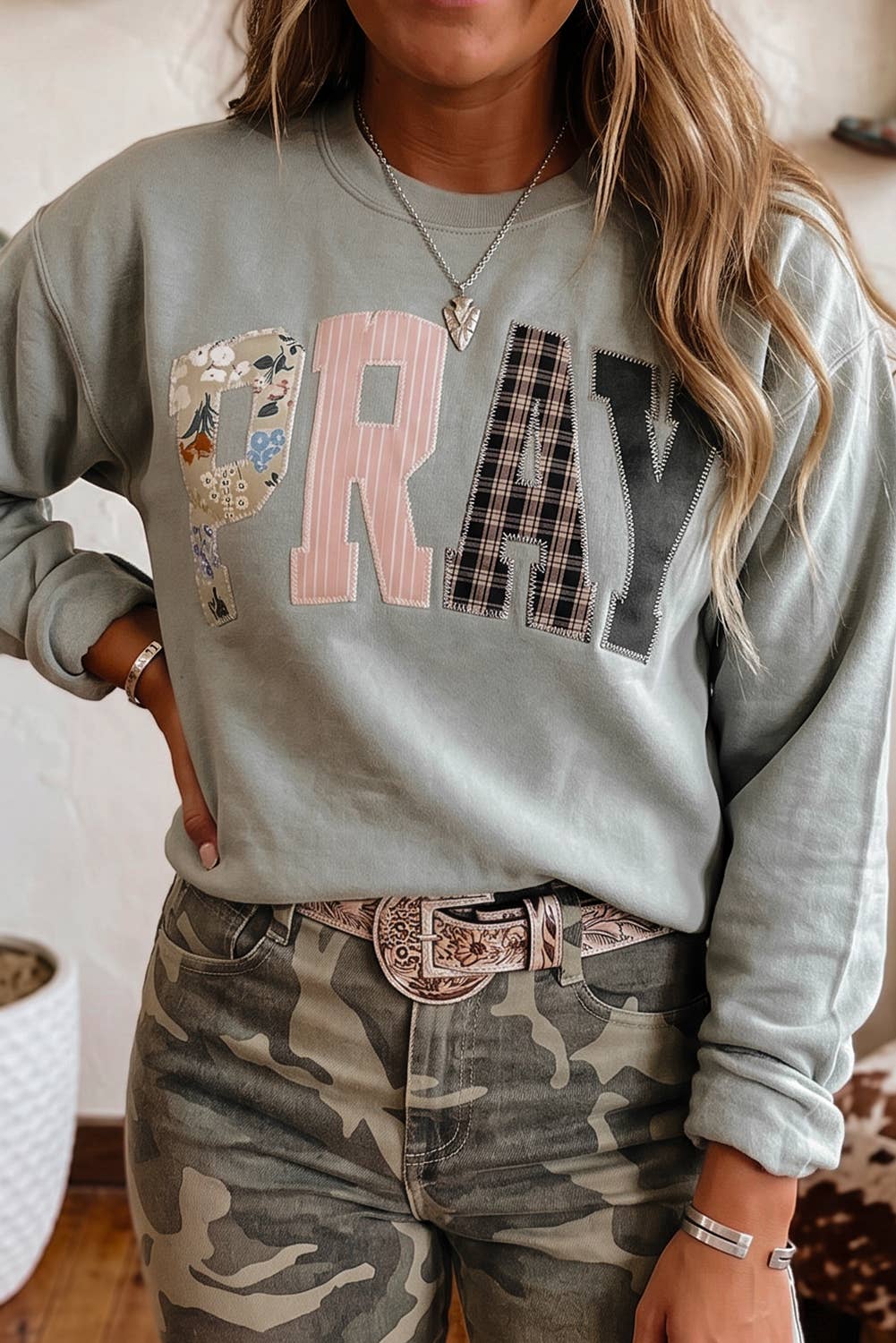 Striped PRAY Embroidered Patch Western Sweatshirt