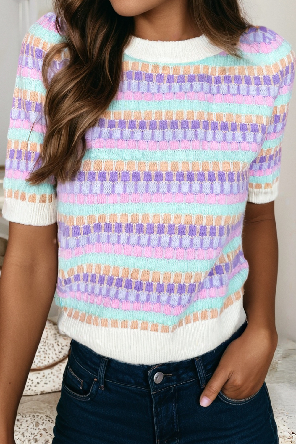 Multicolored Abstract Striped Short Sleeve Sweater