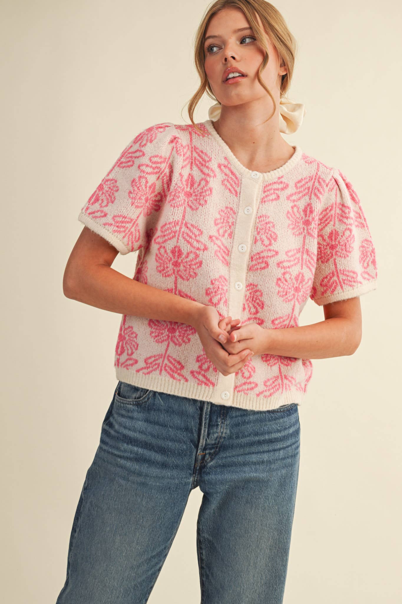 FLORAL KNIT SHORT PUFF SLEEVE SWEATER CARDIGAN MSW11215