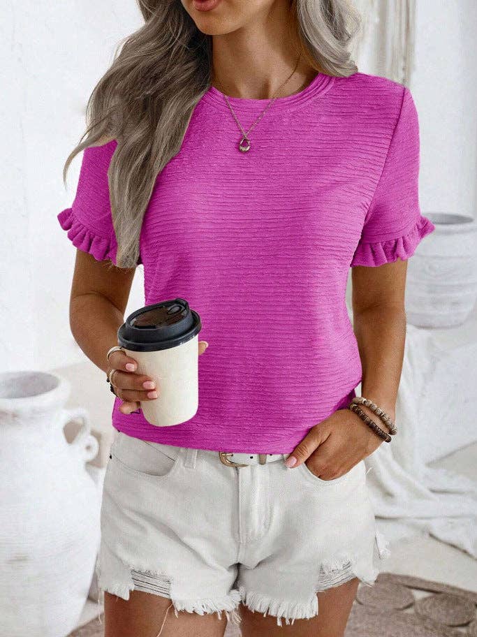 Ruffle Sleeve Round Neck Textured Top for Women