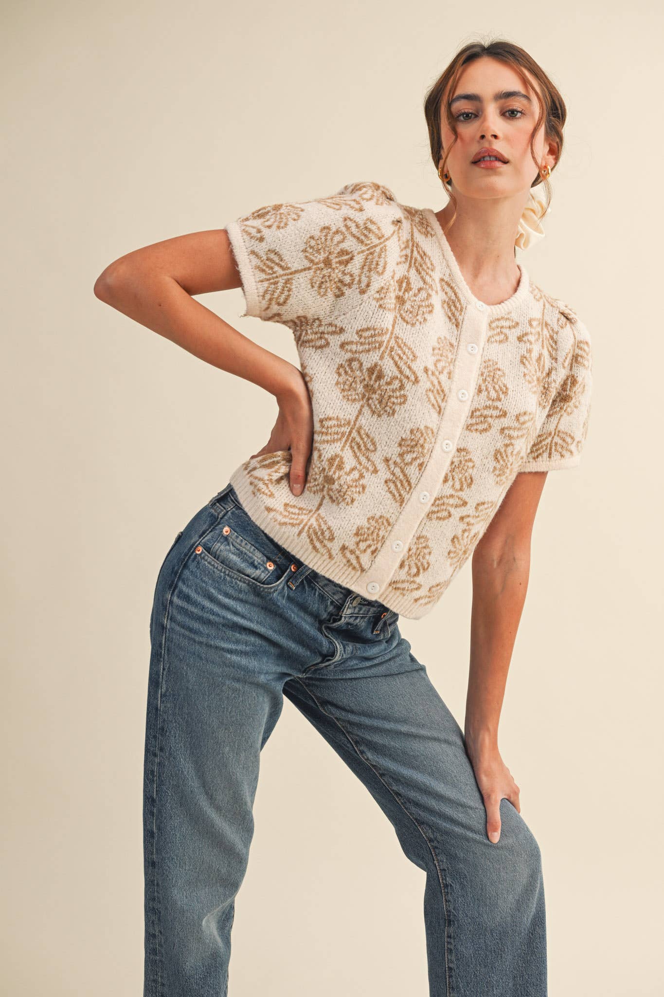 FLORAL KNIT SHORT PUFF SLEEVE SWEATER CARDIGAN MSW11215