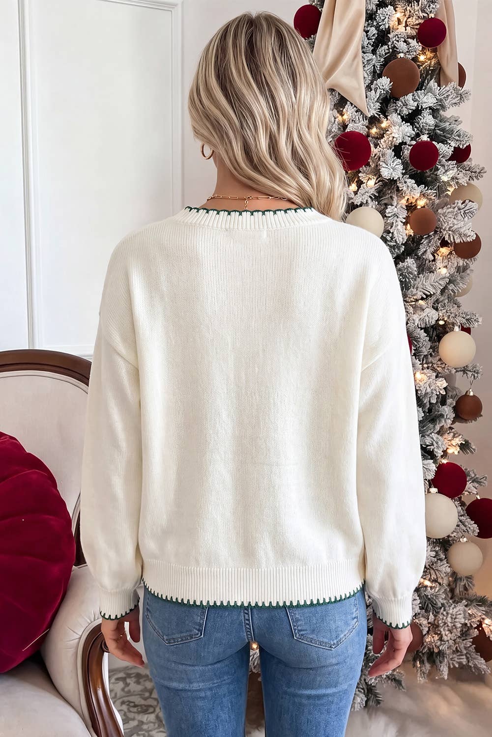 Stitched Detail Christmas Tree Holiday Casual Sweater