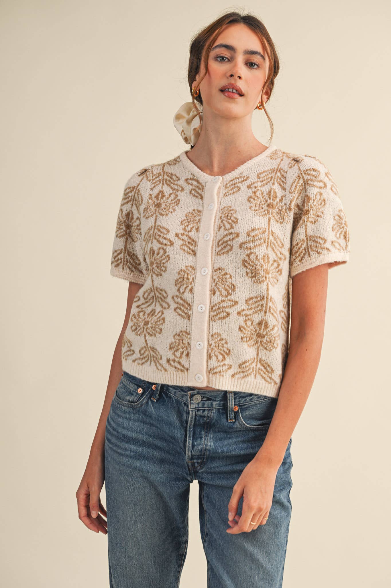 FLORAL KNIT SHORT PUFF SLEEVE SWEATER CARDIGAN MSW11215
