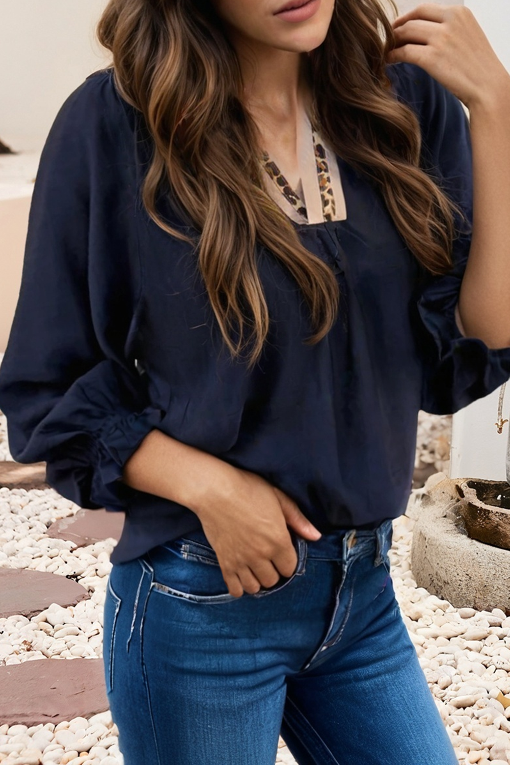 Little Daisy Closet - LDC Leopard Trim Notched Flounced Bracelet Sleeve Blouse