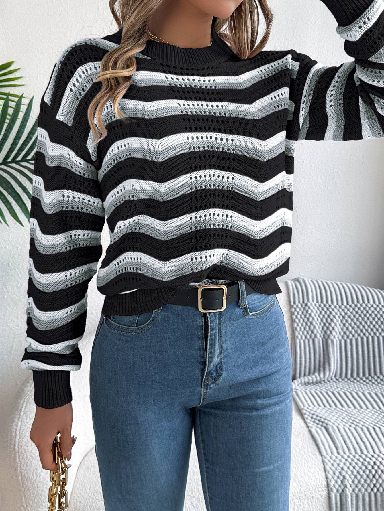 Hope & Sunshine - Color Block Striped Lantern Sleeve Knit Pullover