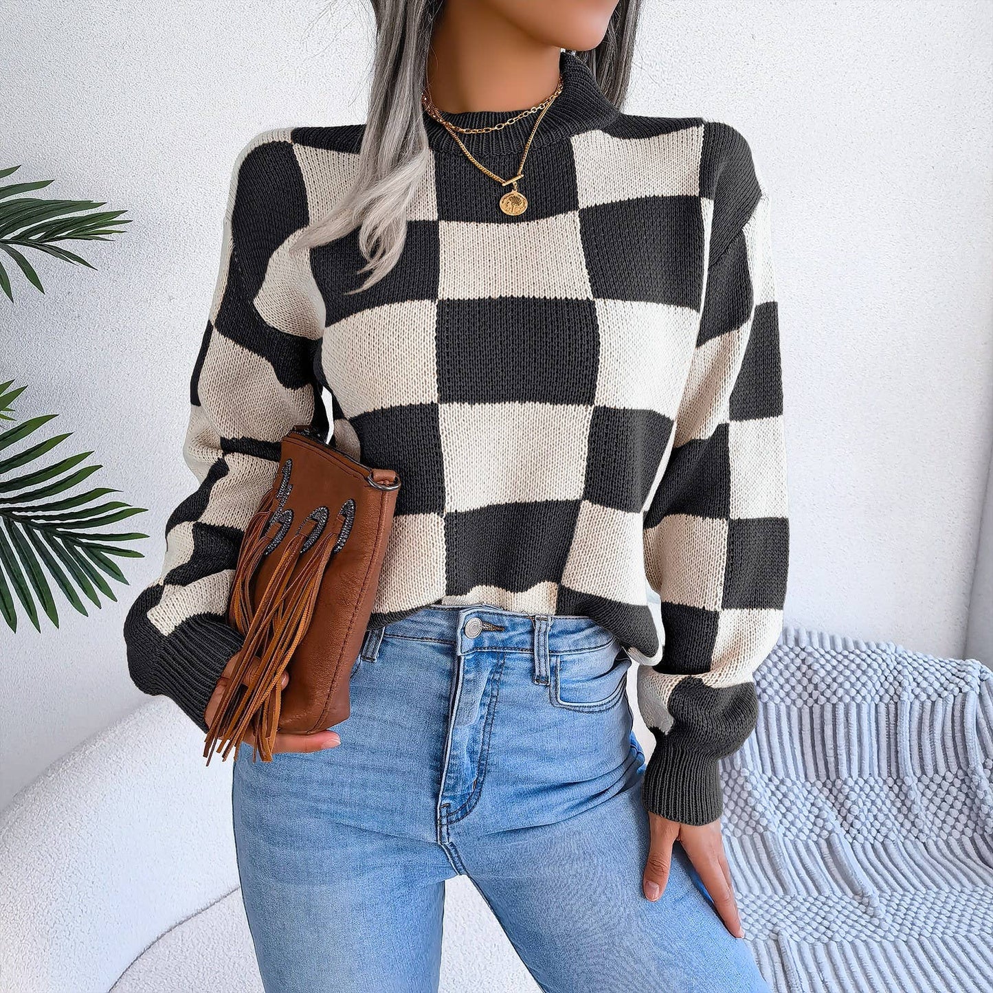 Hope & Sunshine - Colorblock Plaid Knit Sweater For Women