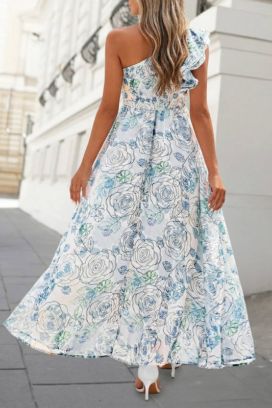 Floral Ruffled One Shoulder Smocked Maxi Dress
