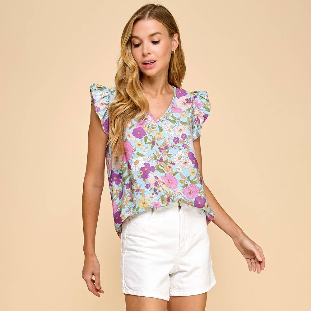 Floral Printed Top V Neck with Ruffled Sleeves