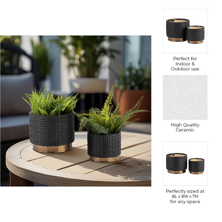 Sagebrook Home - Planter Set of 2 - Black Ceramic Raised Mesh, 6/8 in.