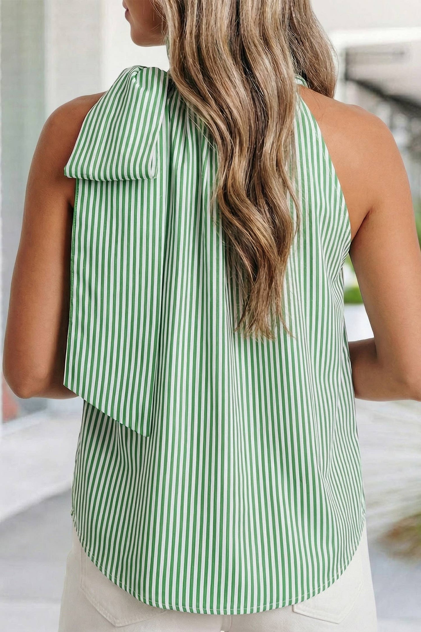 Stripe Tied Knot Frilled Collar Sleeveless Top