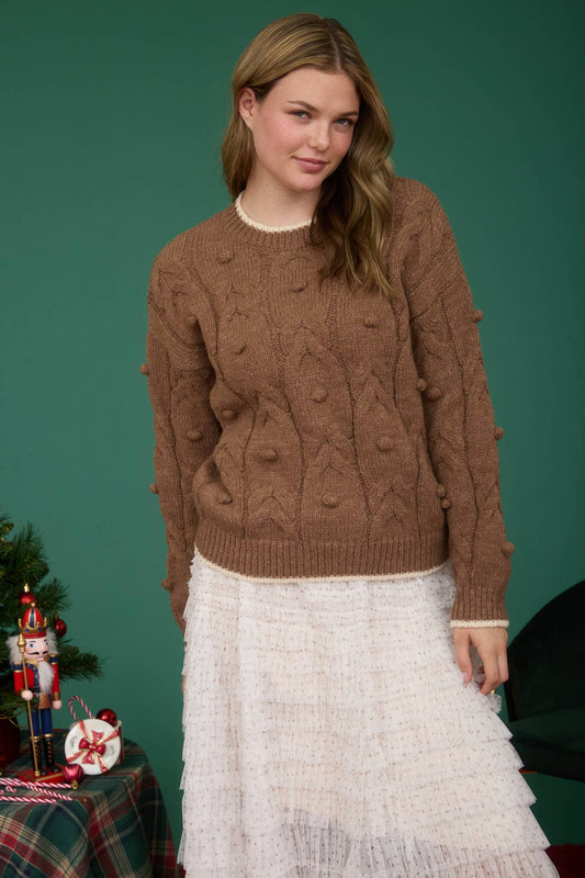 Pom Pom Detail Cable Knit Pullover Knit Sweater