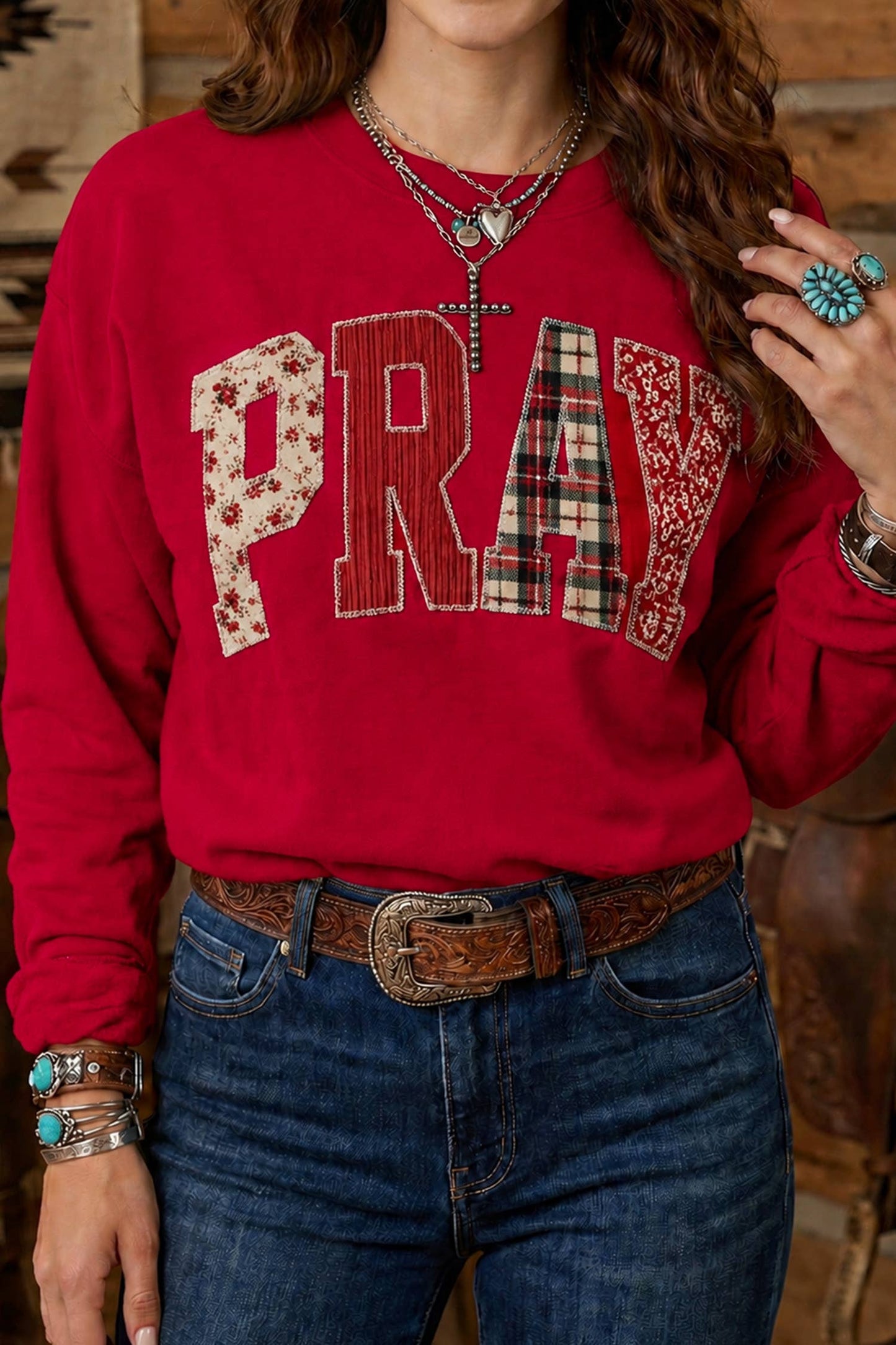 Striped PRAY Embroidered Patch Western Sweatshirt