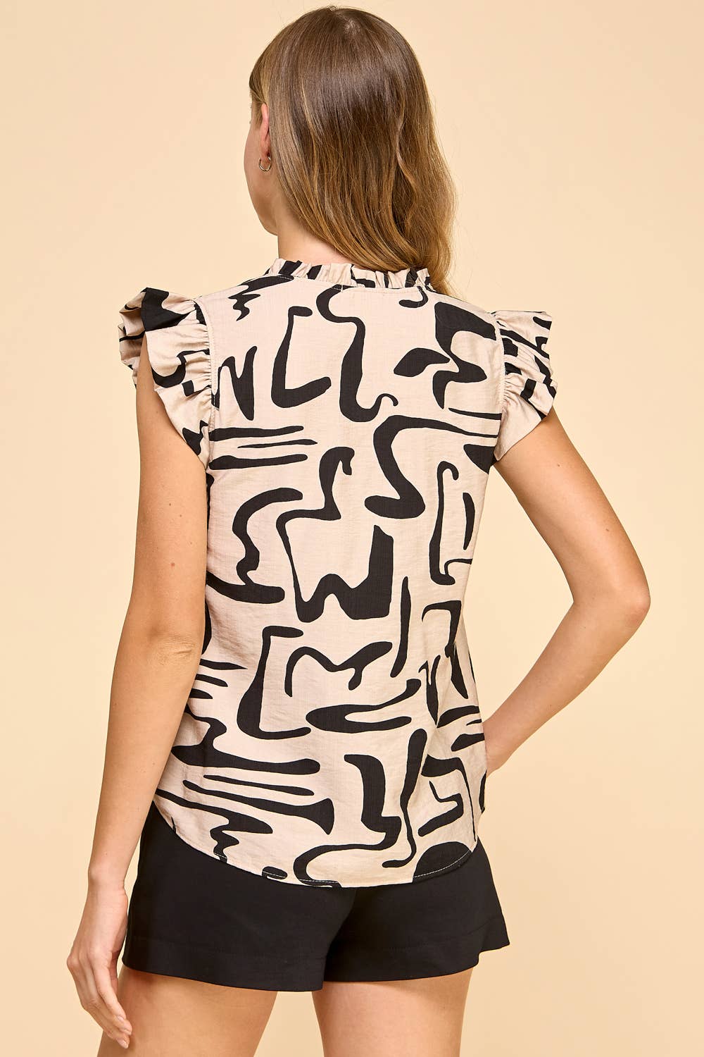 Abstract Print V Neck with Ruffled Neck and Sleeves