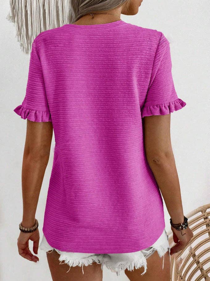 Ruffle Sleeve Round Neck Textured Top for Women