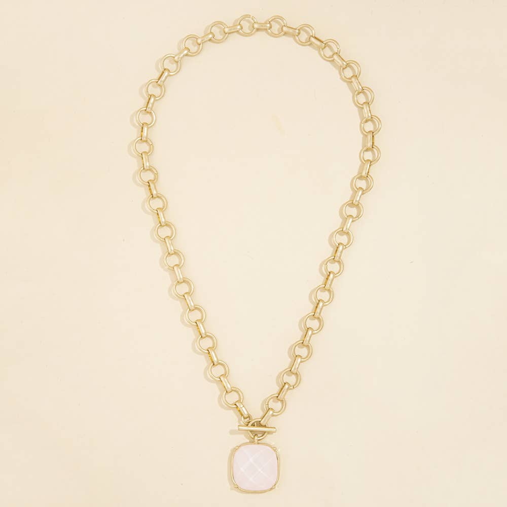 Matte Rolo Chain Toggle Stone Pendant Necklace