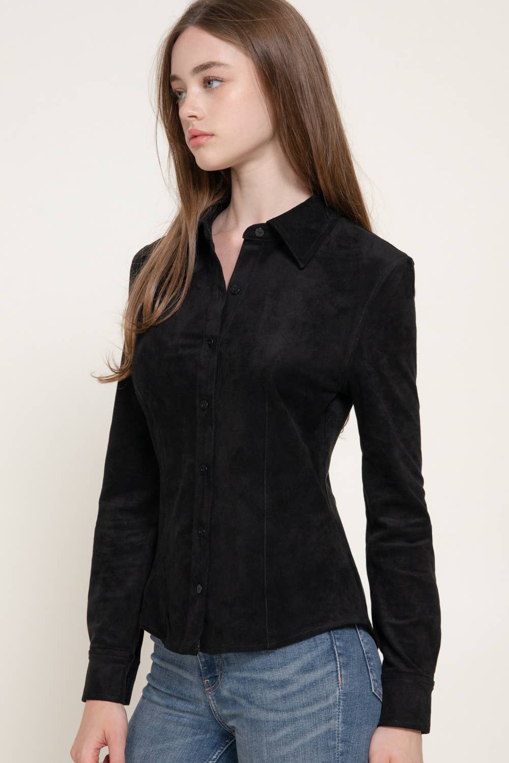 Active Basic | Active USA - Long Sleeve Button Down Stretch Faux Suede Shirt