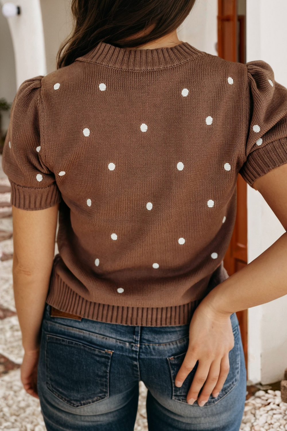 Little Daisy Closet - LDC Elegant Polka Dot Bubble Short Sleeve Sweater