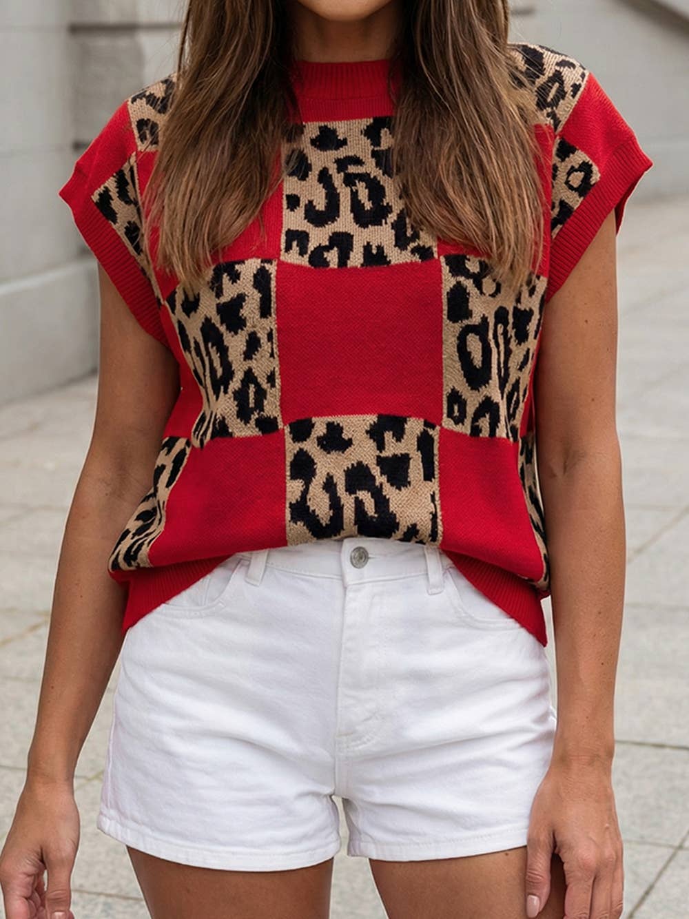 1 the Woman - Western Leopard Checkerboard Short Sleeve Knit Sweater |S-4X