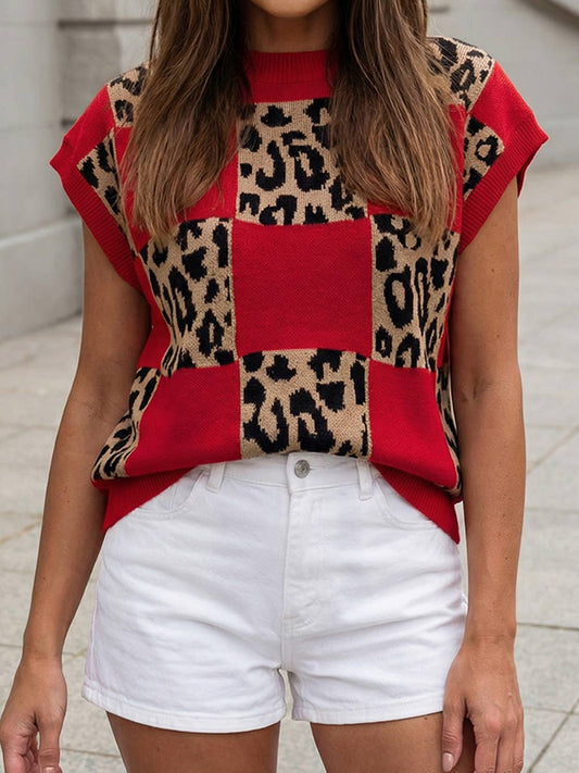 1 the Woman - Western Leopard Checkerboard Short Sleeve Knit Sweater |S-4X