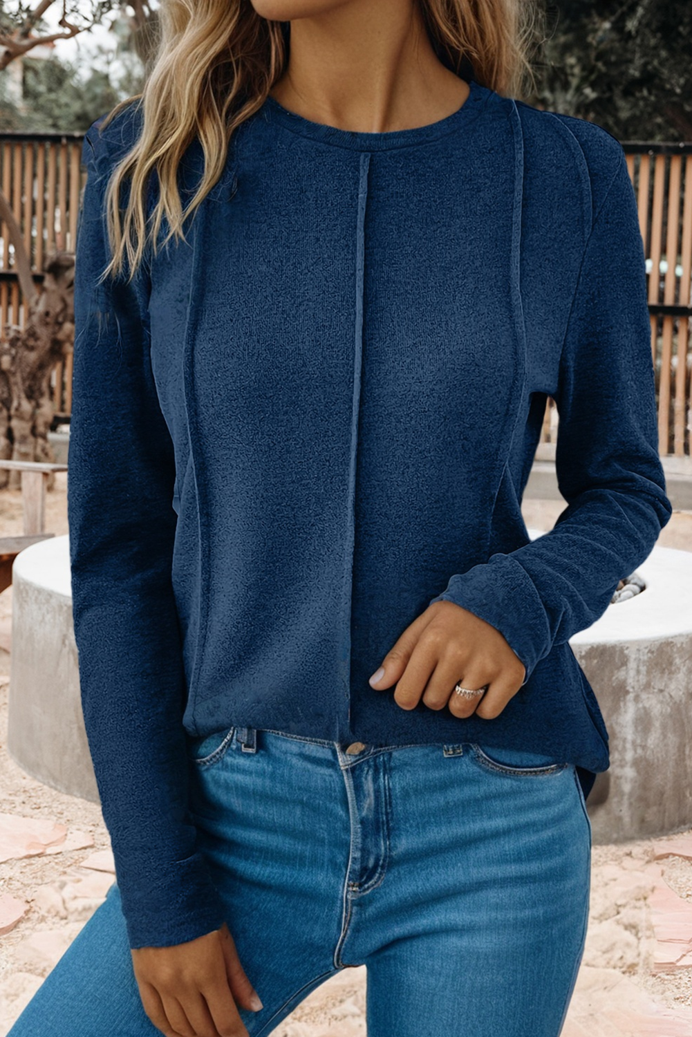 Solid Exposed Seam Crew Neck Long Sleeve Top