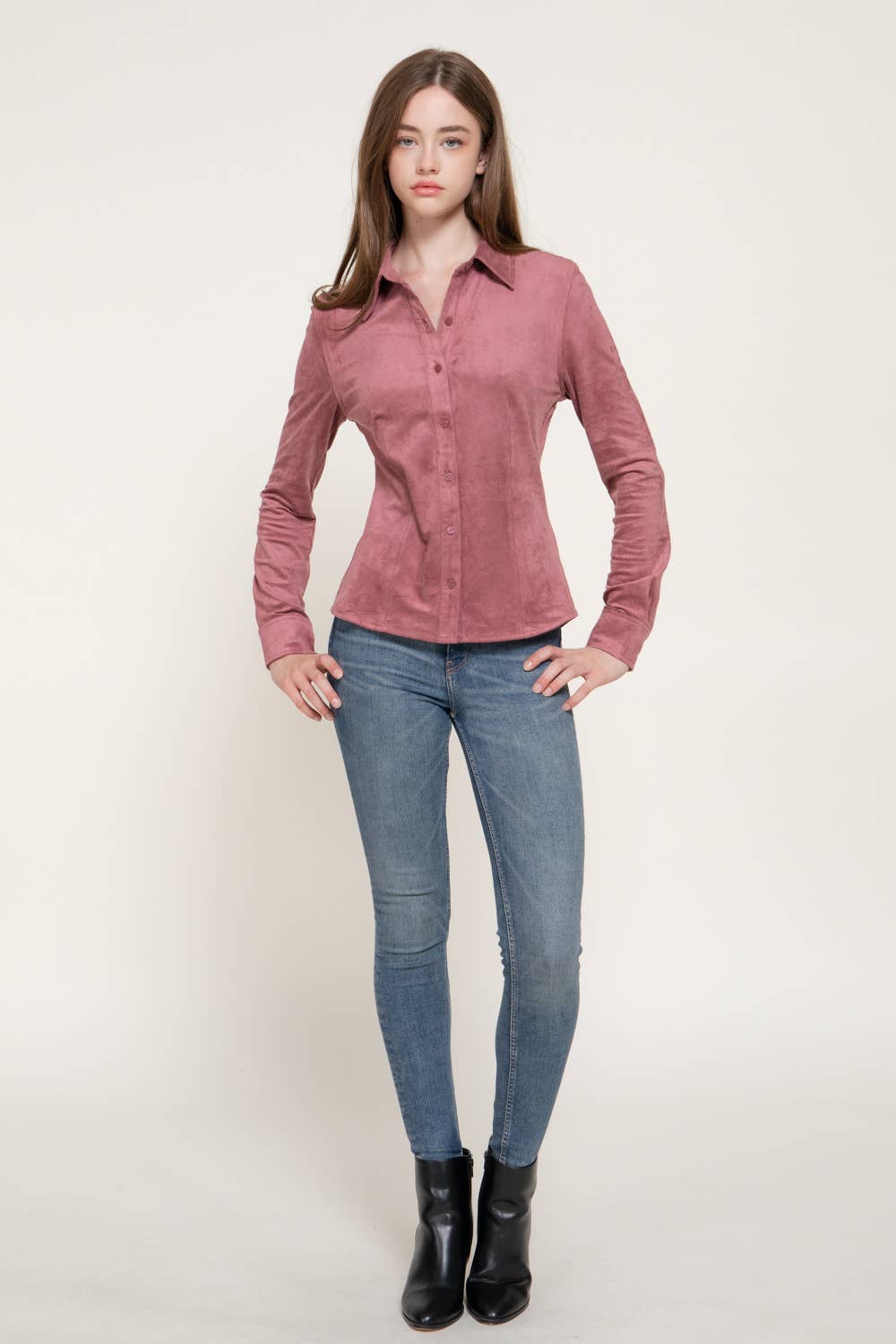 Active Basic | Active USA - Long Sleeve Button Down Stretch Faux Suede Shirt