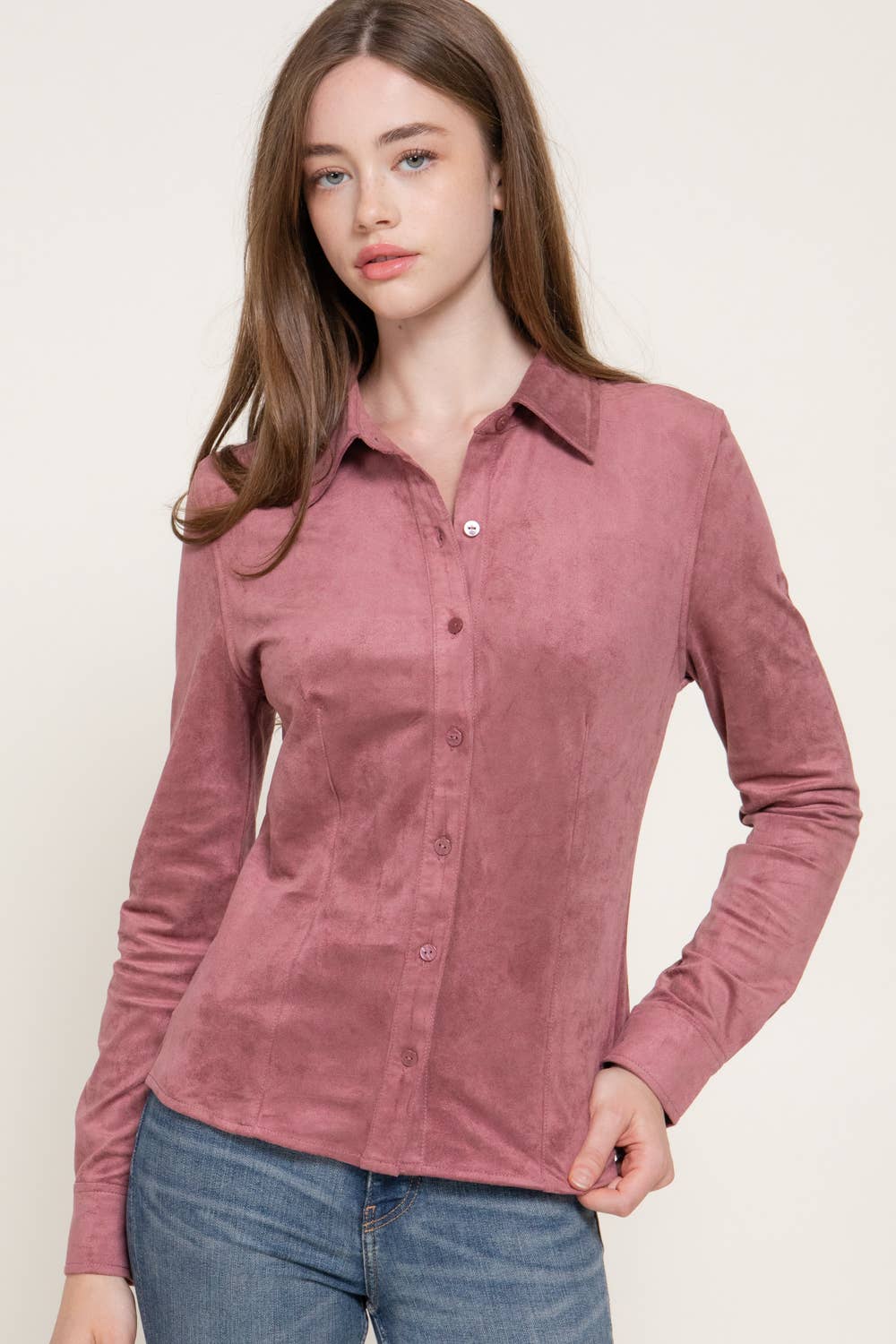 Active Basic | Active USA - Long Sleeve Button Down Stretch Faux Suede Shirt