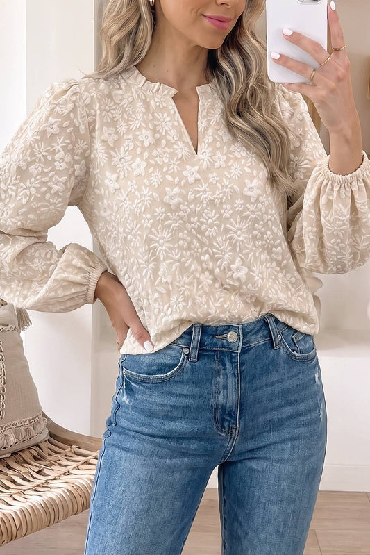 Split V Neck Floral Textured Long Sleeve Casual Blouse