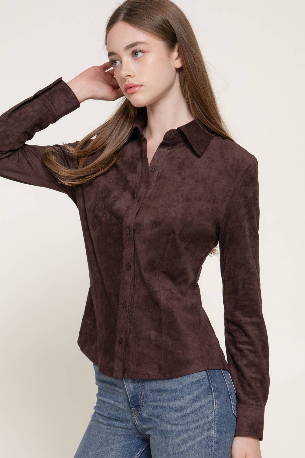 Active Basic | Active USA - Long Sleeve Button Down Stretch Faux Suede Shirt