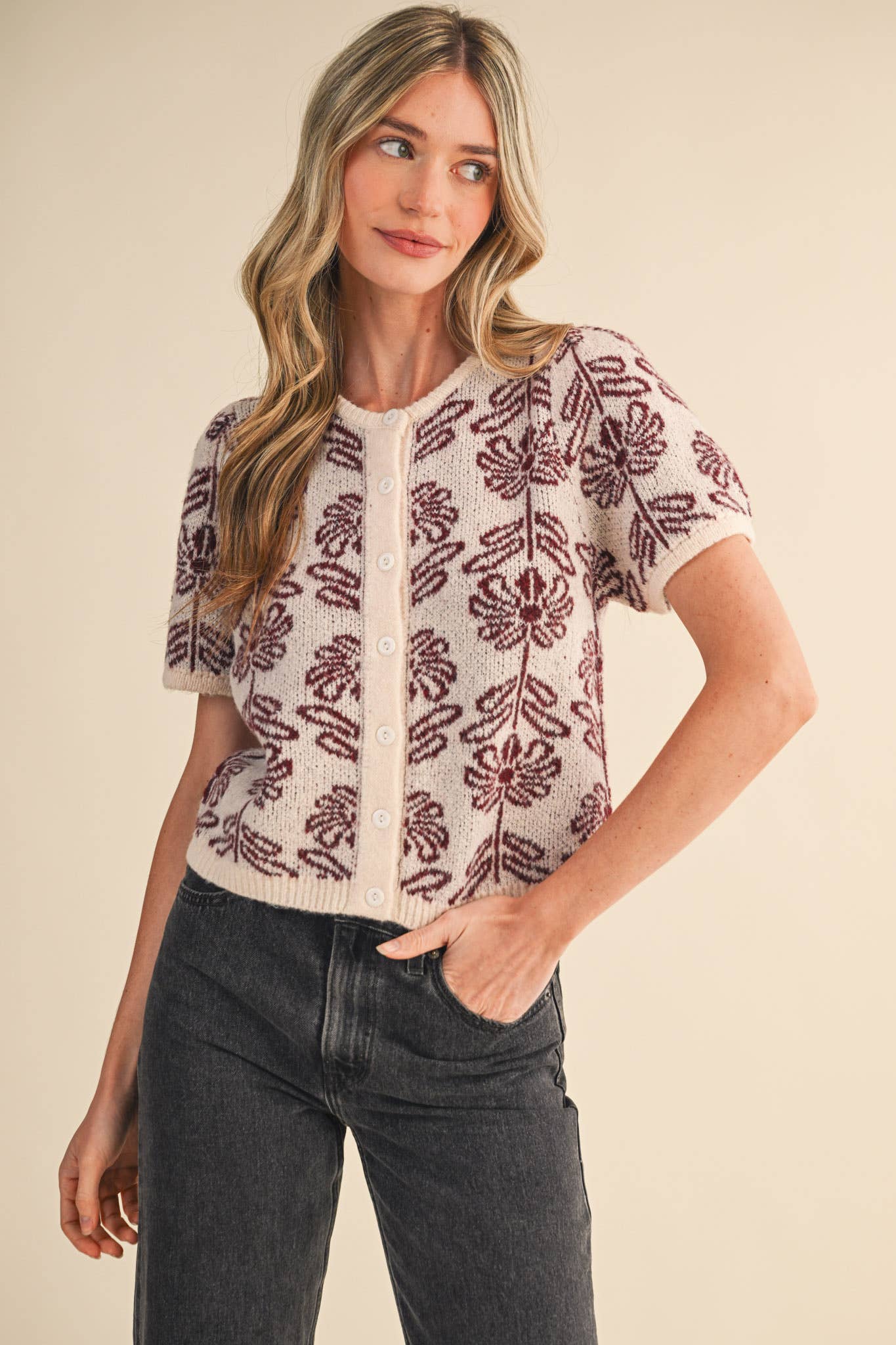 FLORAL KNIT SHORT PUFF SLEEVE SWEATER CARDIGAN MSW11215