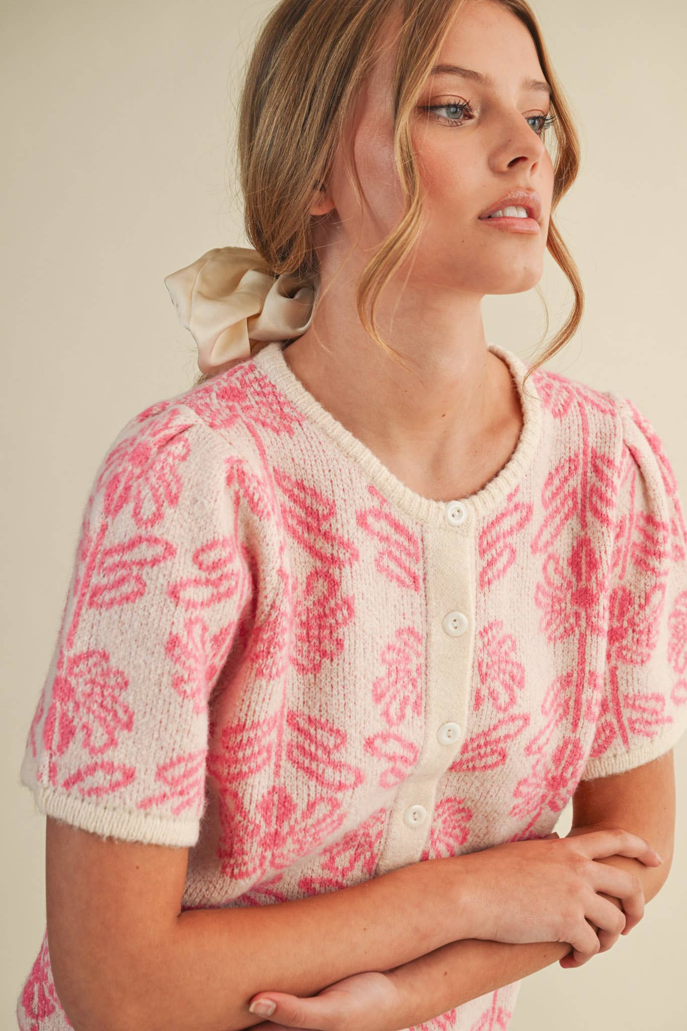 FLORAL KNIT SHORT PUFF SLEEVE SWEATER CARDIGAN MSW11215