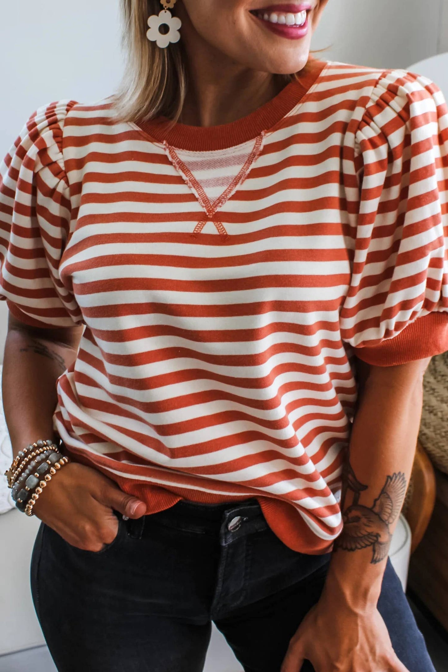 Little Daisy Closet - LDC Stripe Short Bubble Sleeve T Shirt