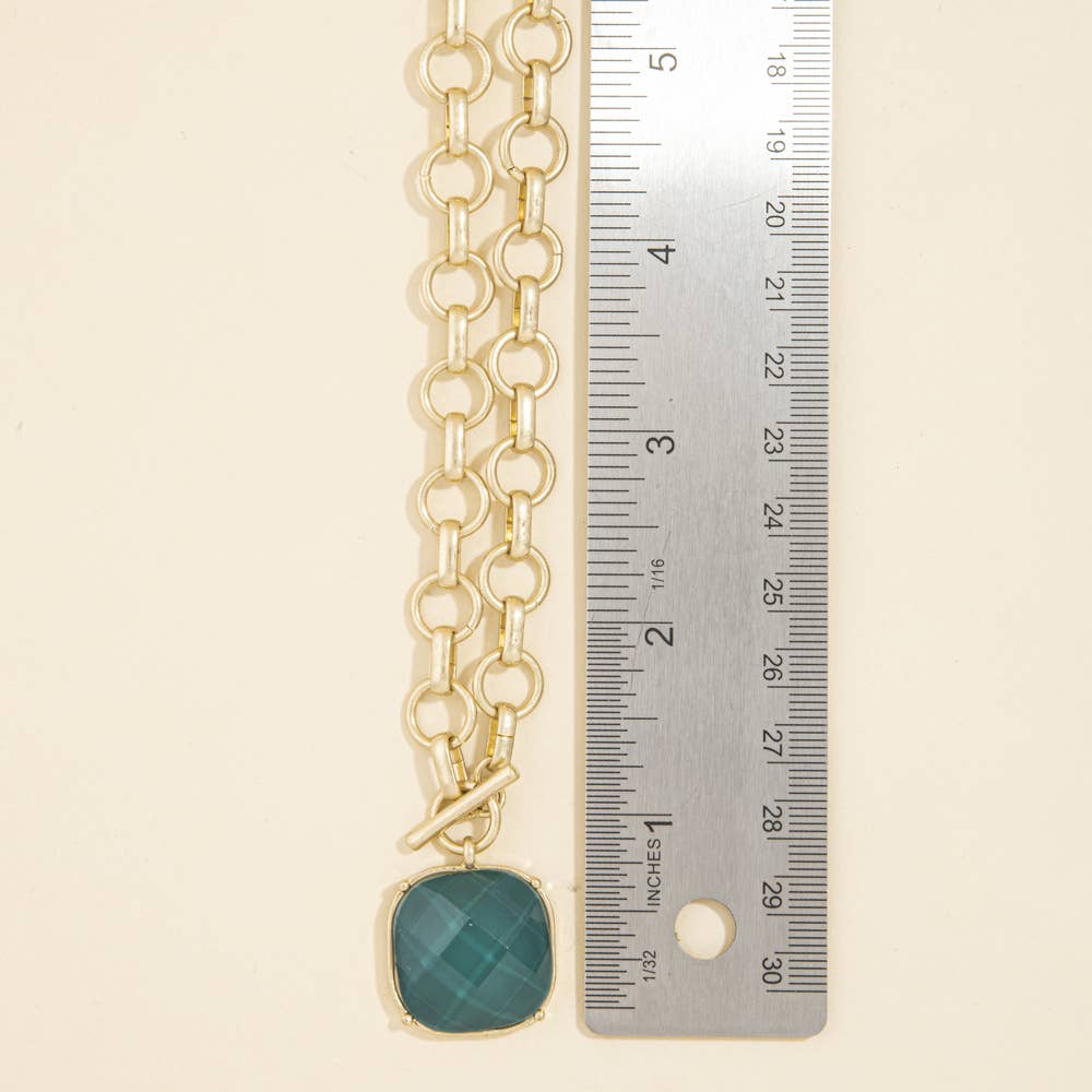 Matte Rolo Chain Toggle Stone Pendant Necklace