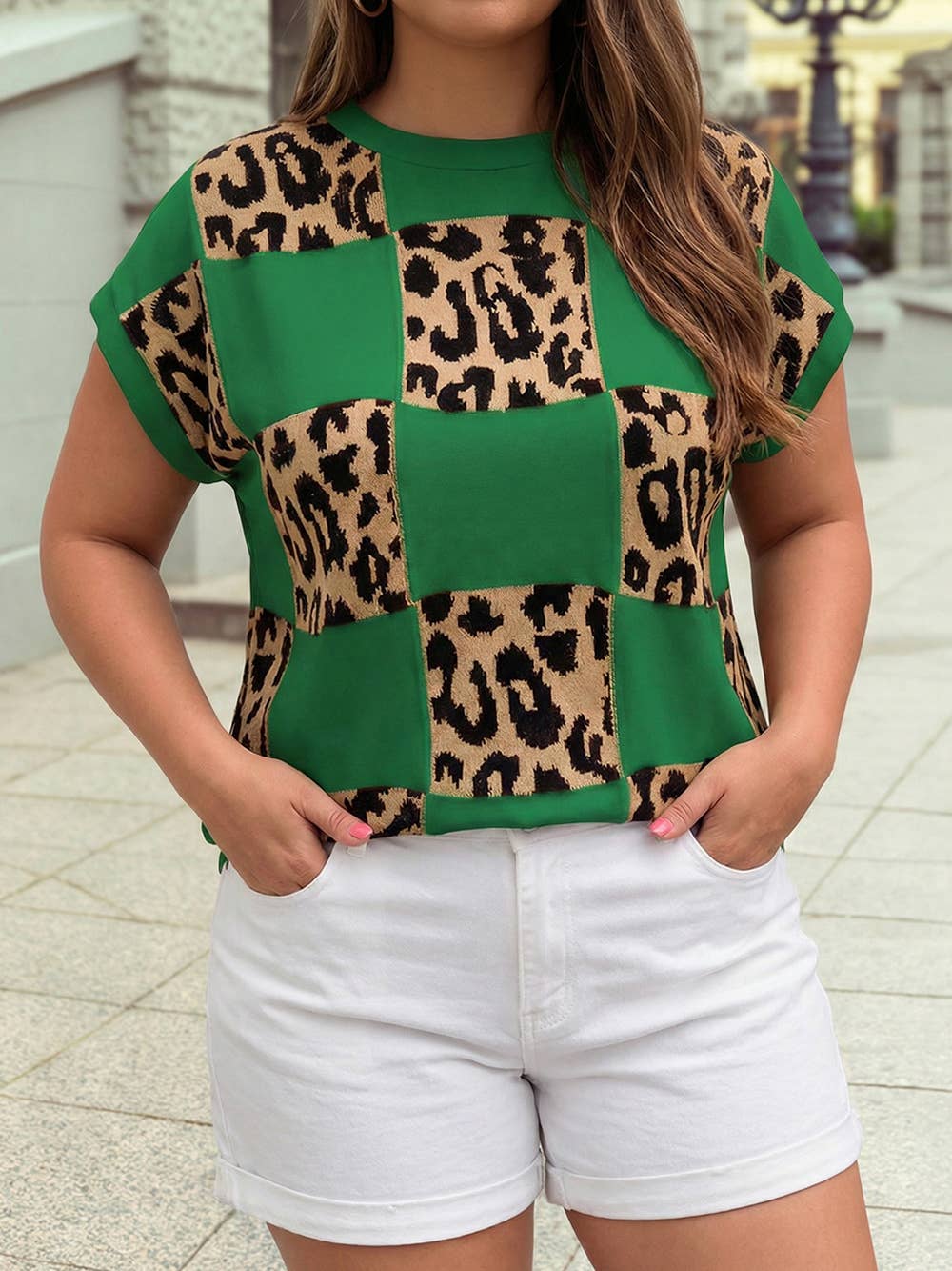 1 the Woman - Western Leopard Checkerboard Short Sleeve Knit Sweater |S-4X
